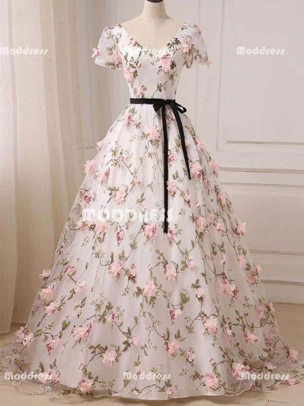 Floral Long Prom Dresses V-Neck Evening ...